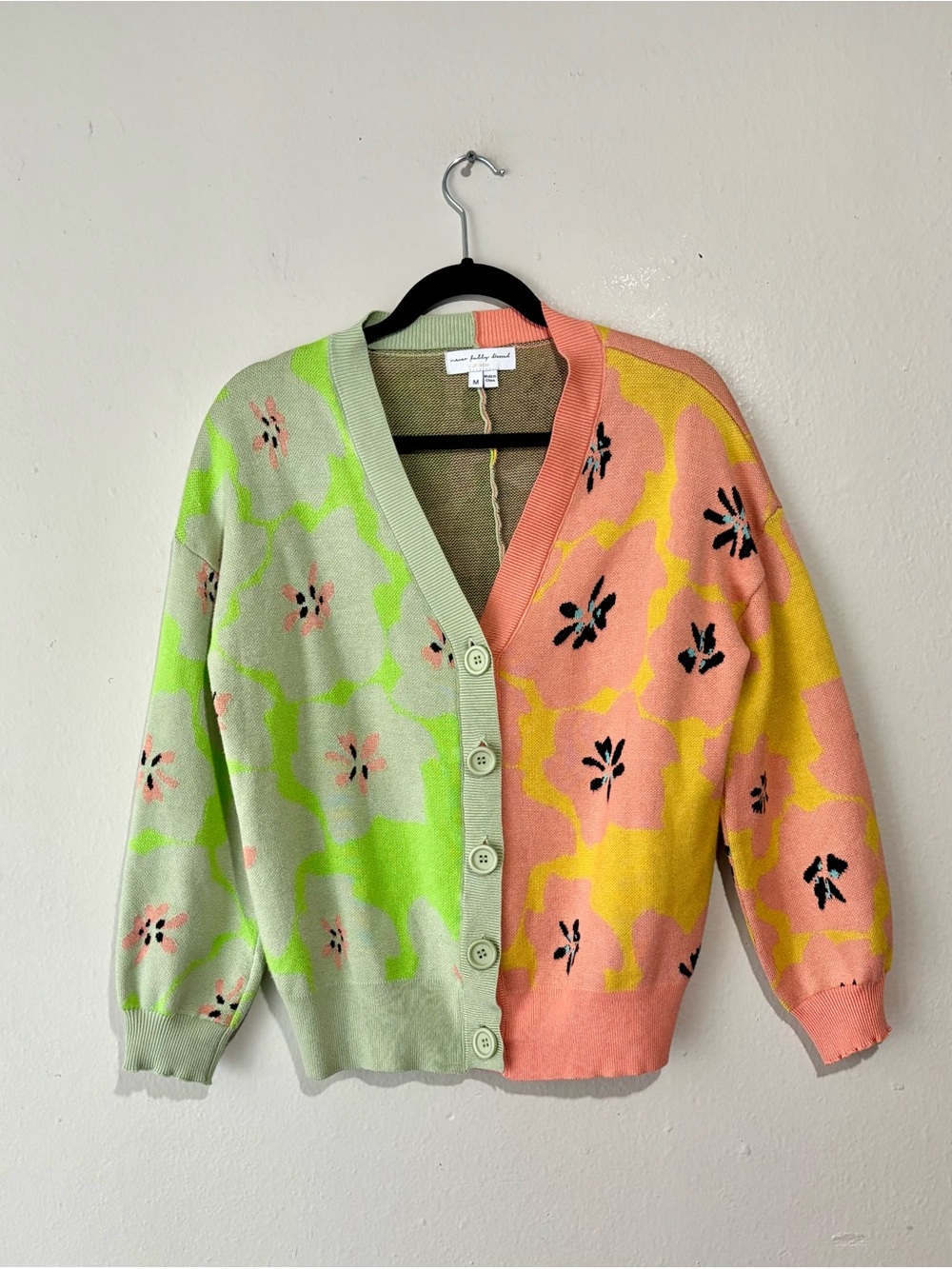 Never Full Dressed Floral Knit Cardigan Sweater Pastel Green & Peach M